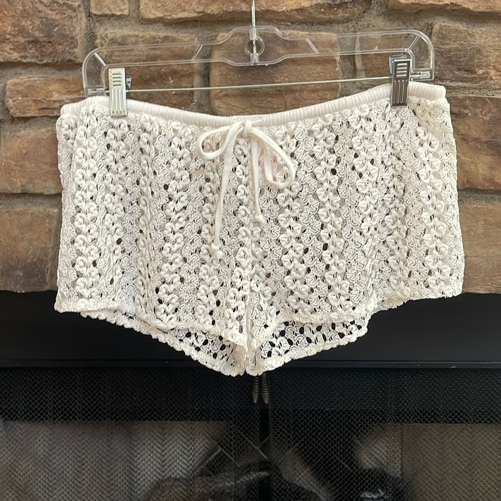White see-through swimsuit coverup shorts with drawstring & elastic band. Large
